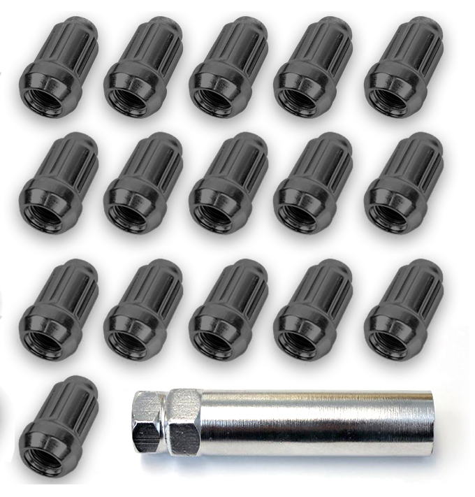 Taper Black Lug Nuts 12mm x 1.50 Spline - 16 pcs 